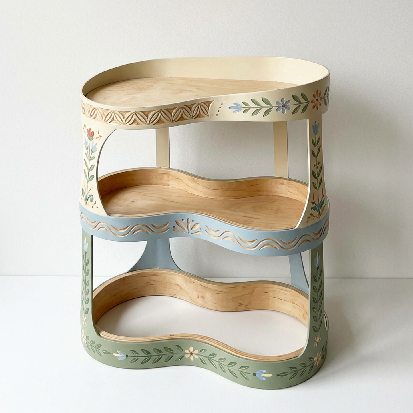 Hand-Painted Floral 3-Tier Wooden Shelf