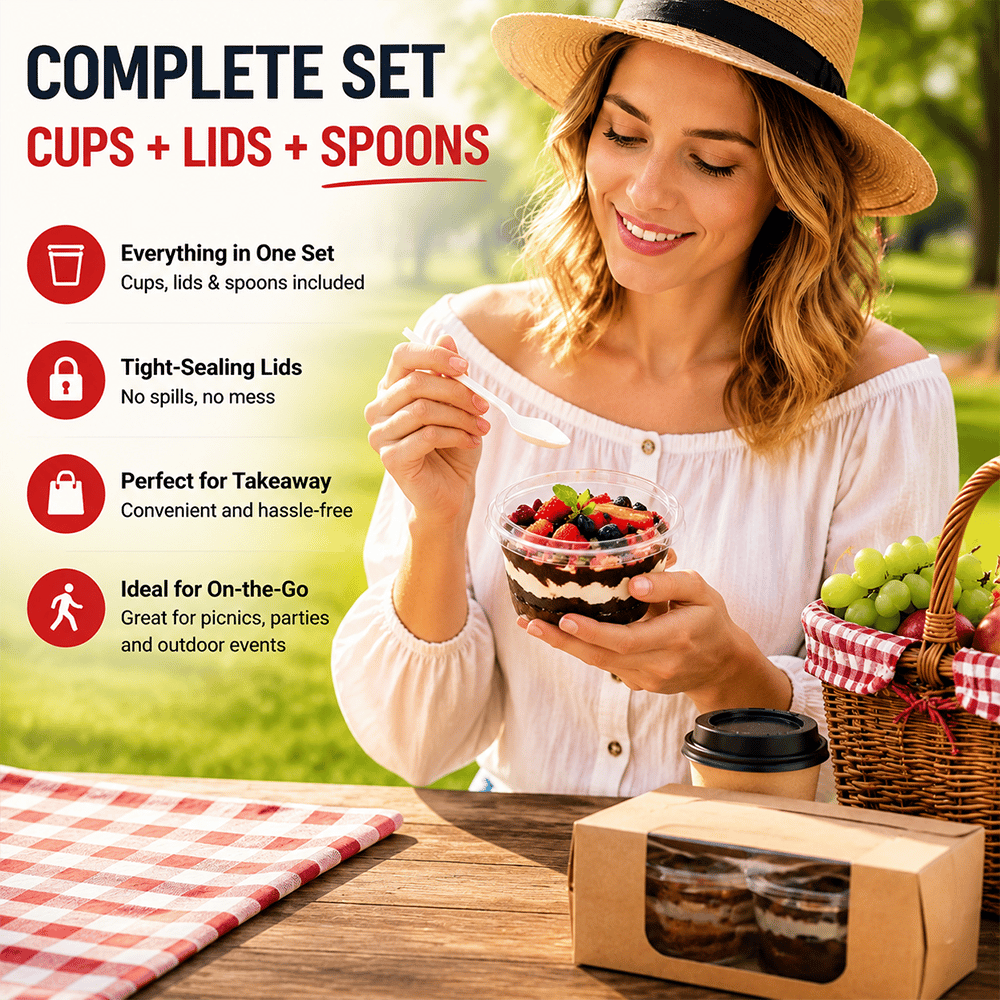 🍨 100 Pack Clear Dessert Cups with Lids & Spoons used for events