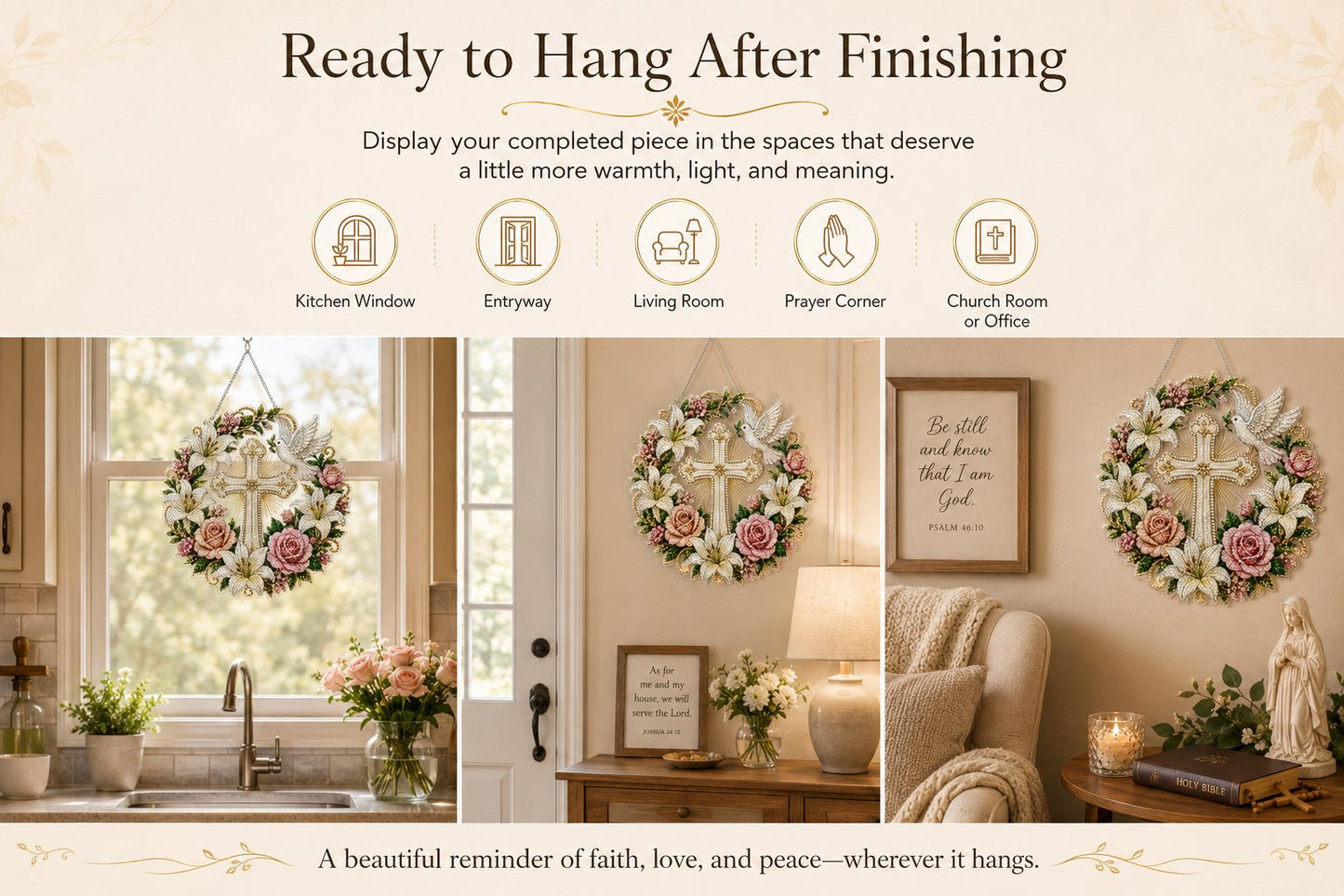 ✝️💐Cross. Flowers & Peace Dove Diamond Art Hanging Ornament Kit