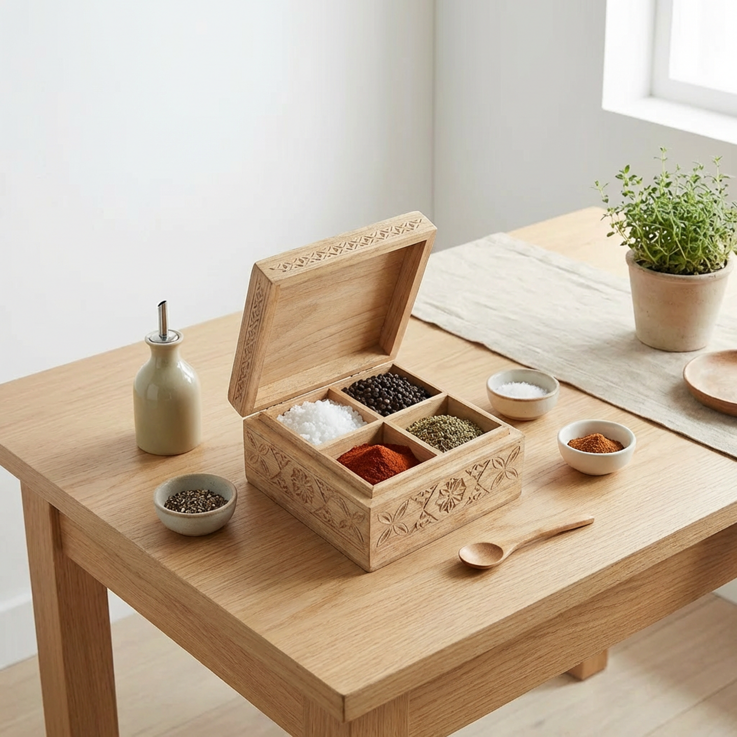 Hand-Carved Wooden Spice Box