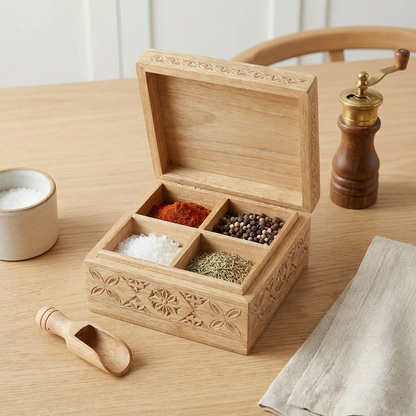 Hand-Carved Wooden Spice Box
