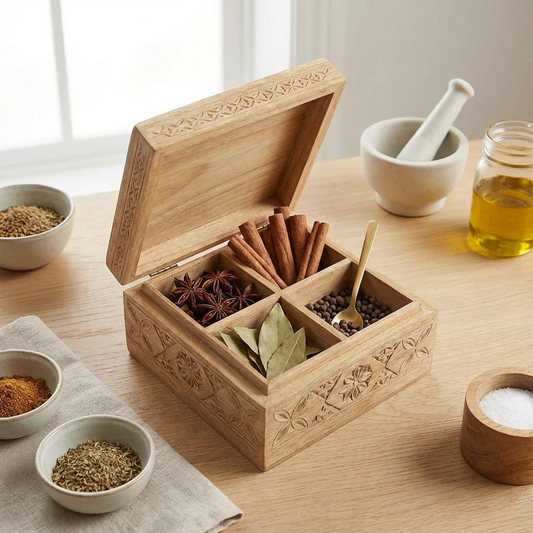 Hand-Carved Wooden Spice Box