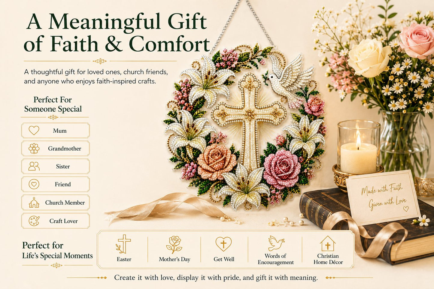 ✝️💐Cross. Flowers & Peace Dove Diamond Art Hanging Ornament Kit