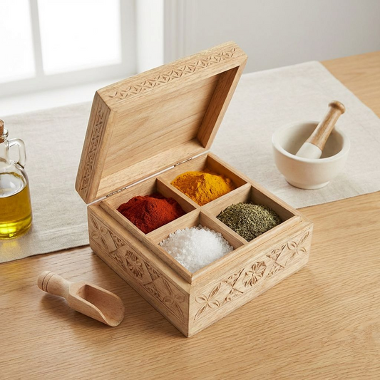 Hand-Carved Wooden Spice Box