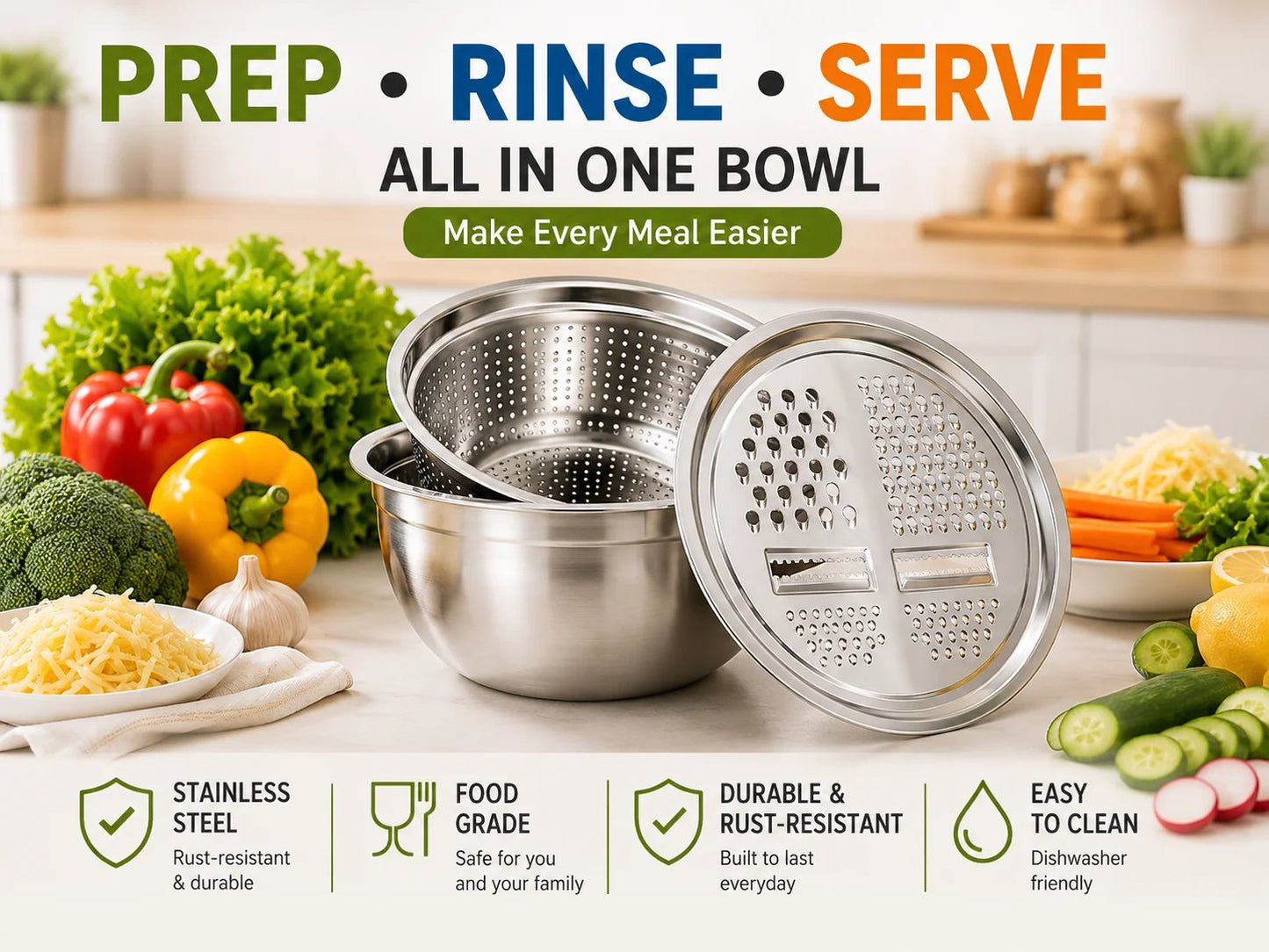 🔥Hot Sale 50% OFF 🎁3-in-1 Stainless Steel Grater Bowl & Colander Set