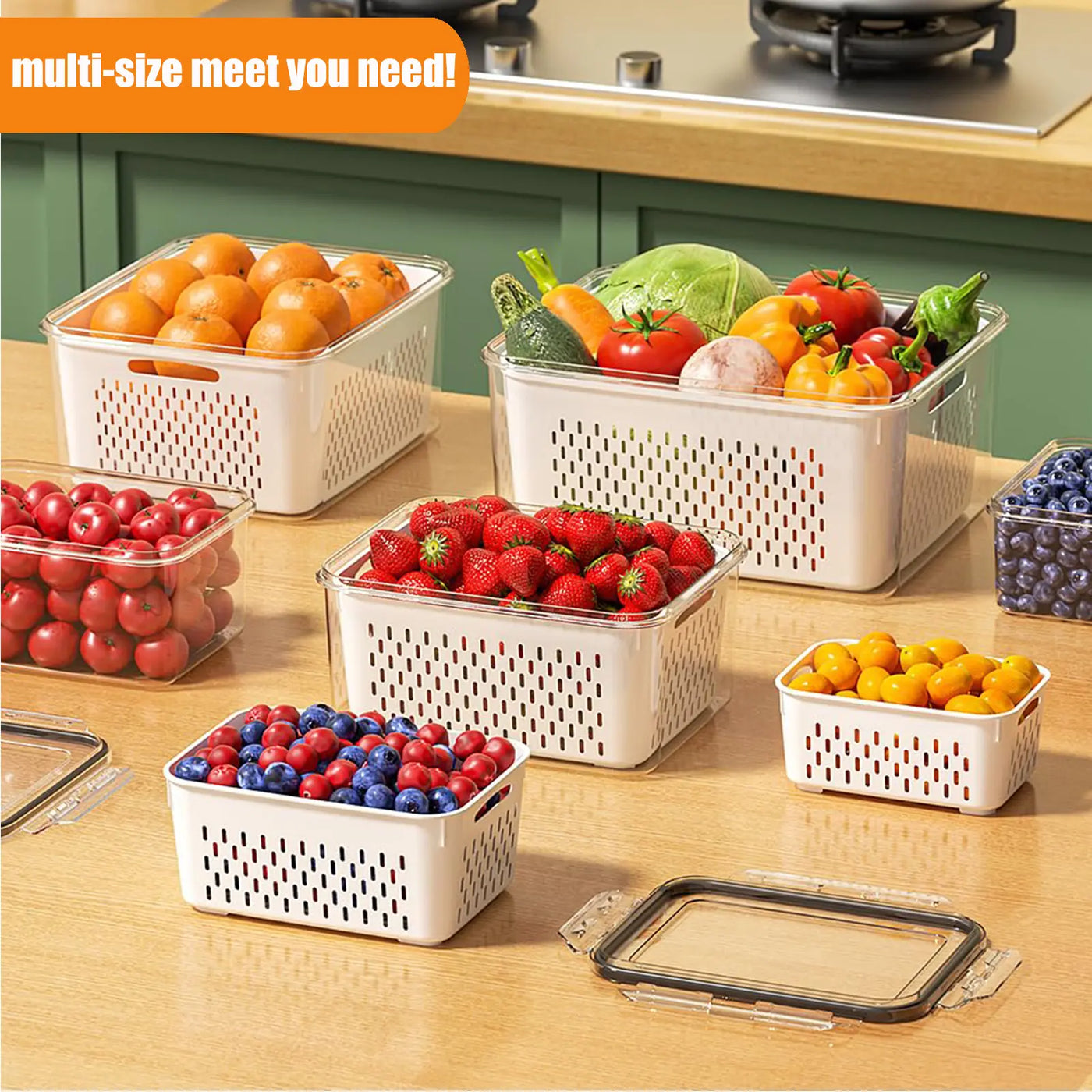 3/5 Pack Stackable Fridge Organizers with Removable Colander quality details