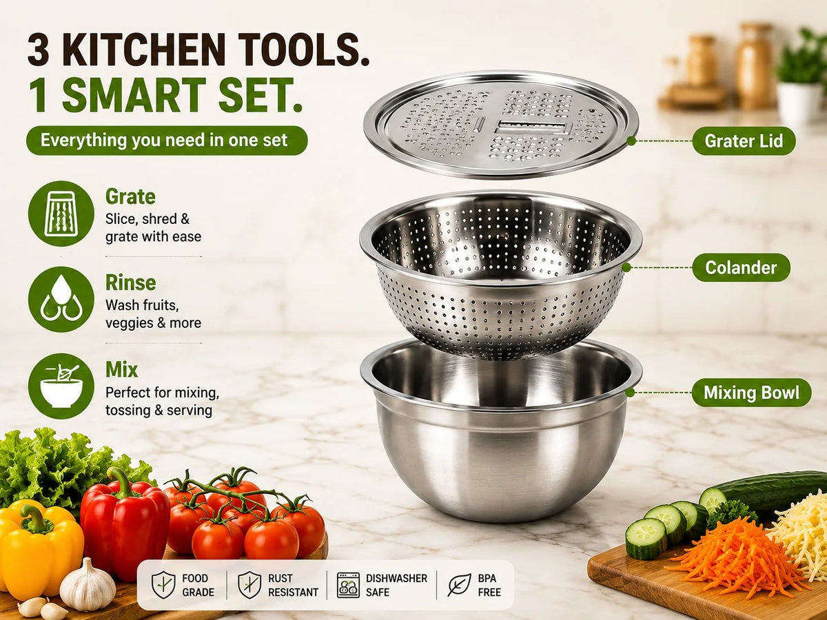🔥Hot Sale 50% OFF 🎁3-in-1 Stainless Steel Grater Bowl & Colander Set grater bowl set