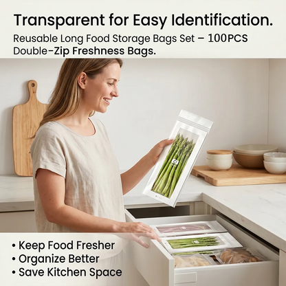🥬 50/100PCS Reusable Long Food Storage Bags. Double-Zip Seal Freshness Bags for Kitchen