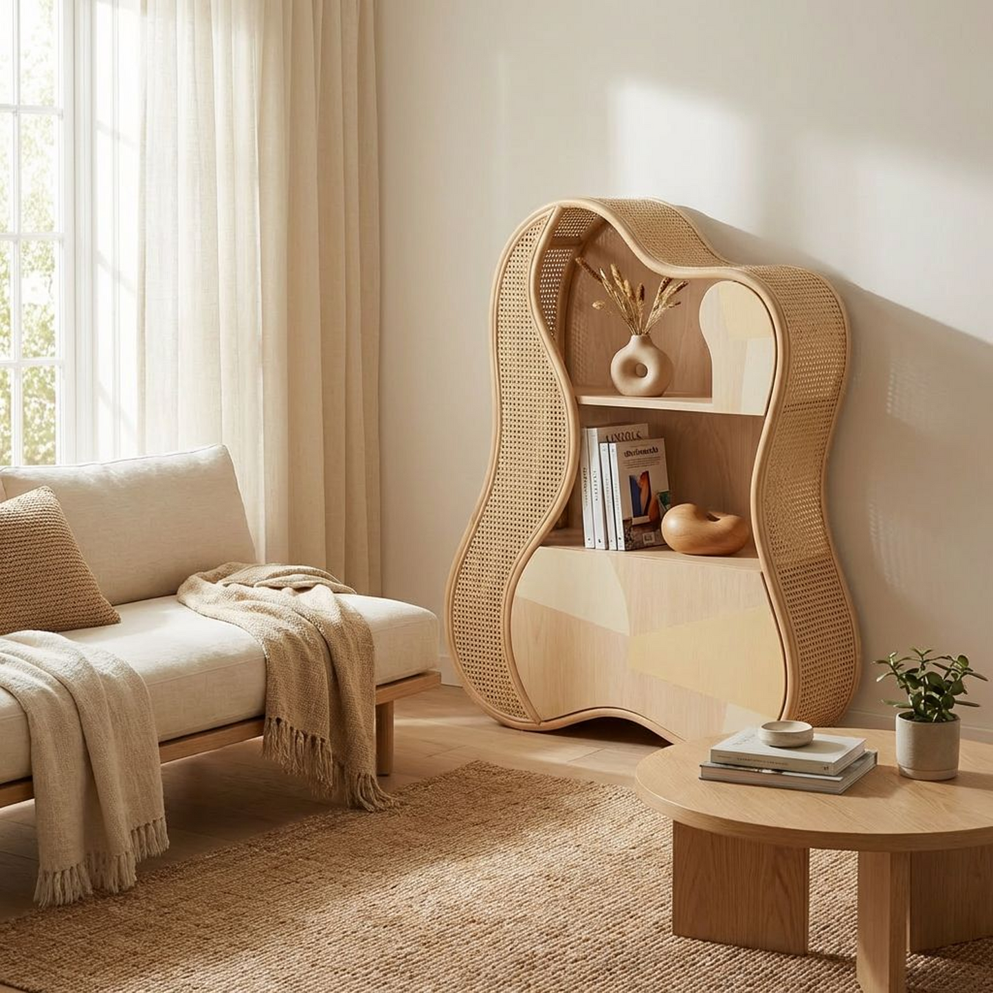Curved Rattan Cane Bookshelf