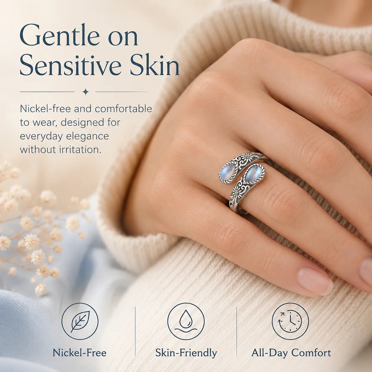 🏆25K+ SOLD 🔥2026 HOT SALE  Moonstone Bloom Ring | Vintage Floral • Adjustable Open Band