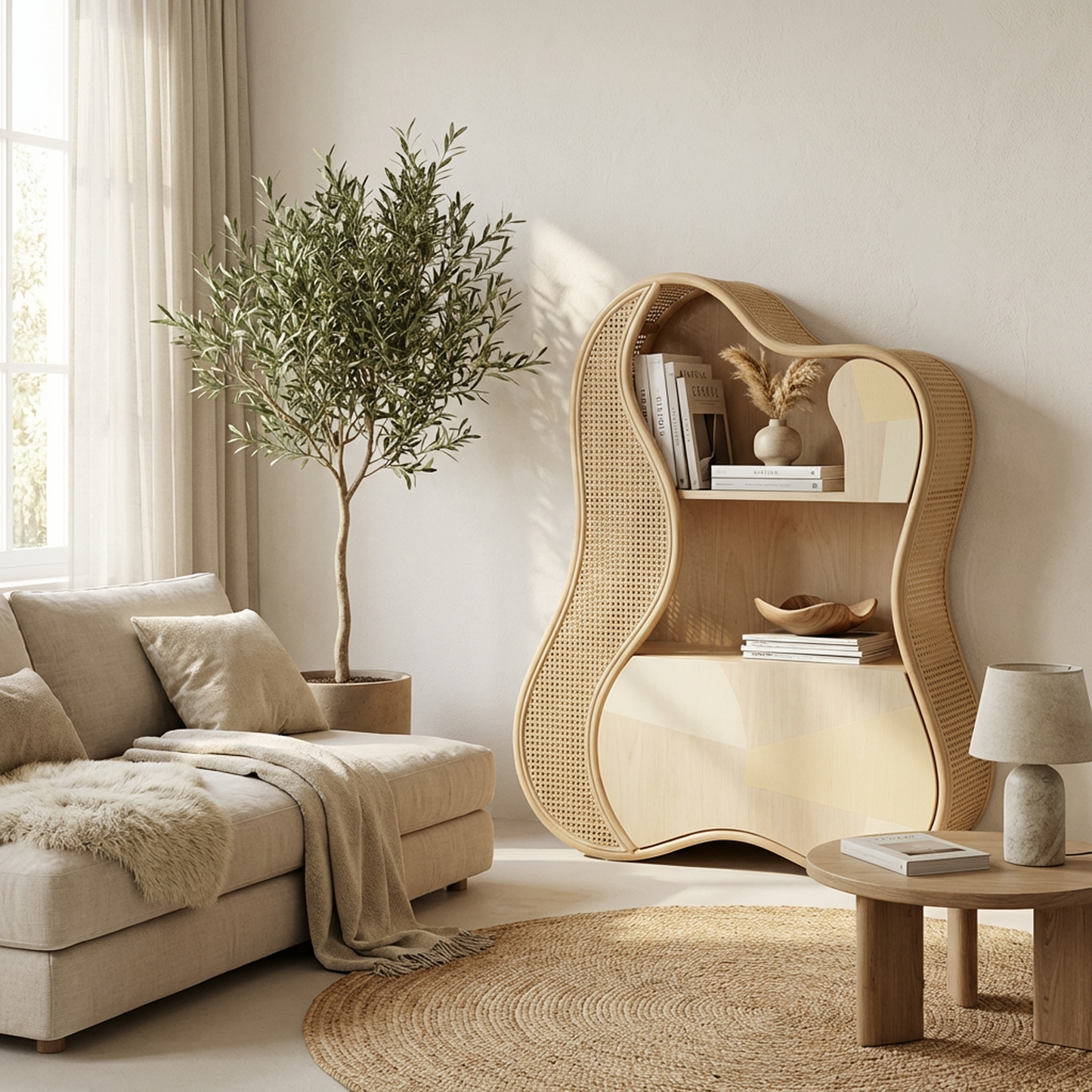 Curved Rattan Cane Bookshelf