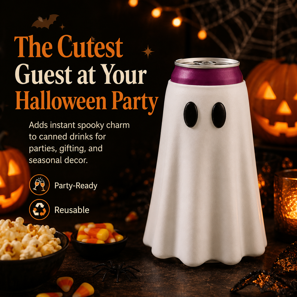Halloween Ghost Can Sleeve for 12oz Slim Cans – Cute Spooky Drink Holder, Reusable Halloween Beverage Cover for Parties, Fall Decor & Gifts
