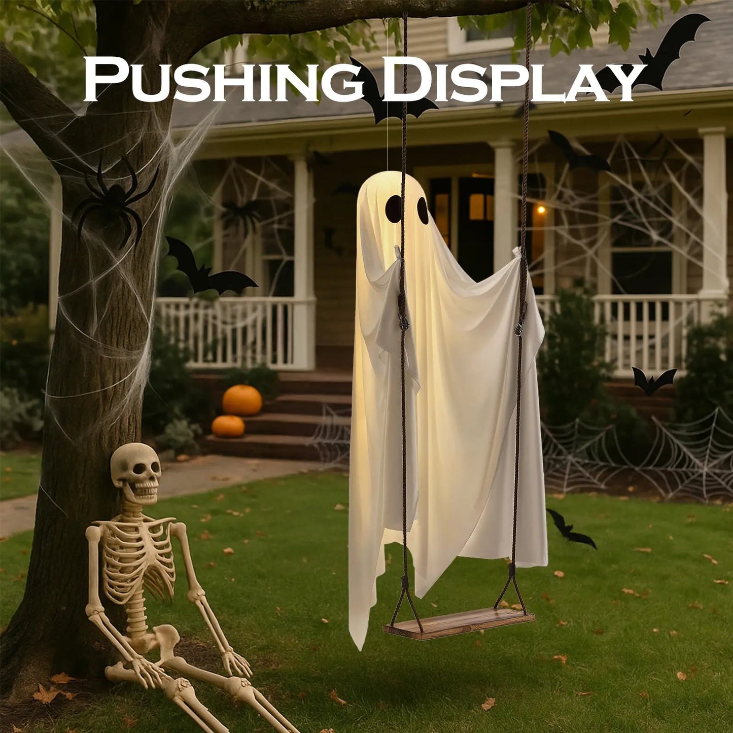 Halloween Hanging Ghost Swing with Remote Control String Lights
