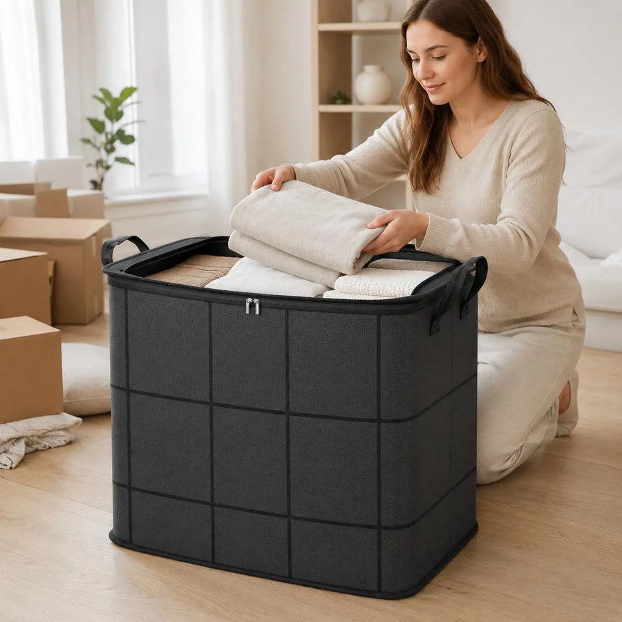 Customer review photo of home organization with storage bin