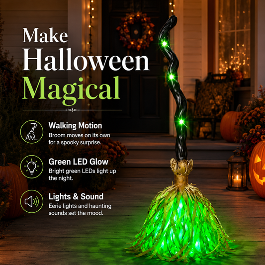 📢📢50% OFF !!⏰🧙 Animated Witch Broom Halloween Decoration with Lights and Sound