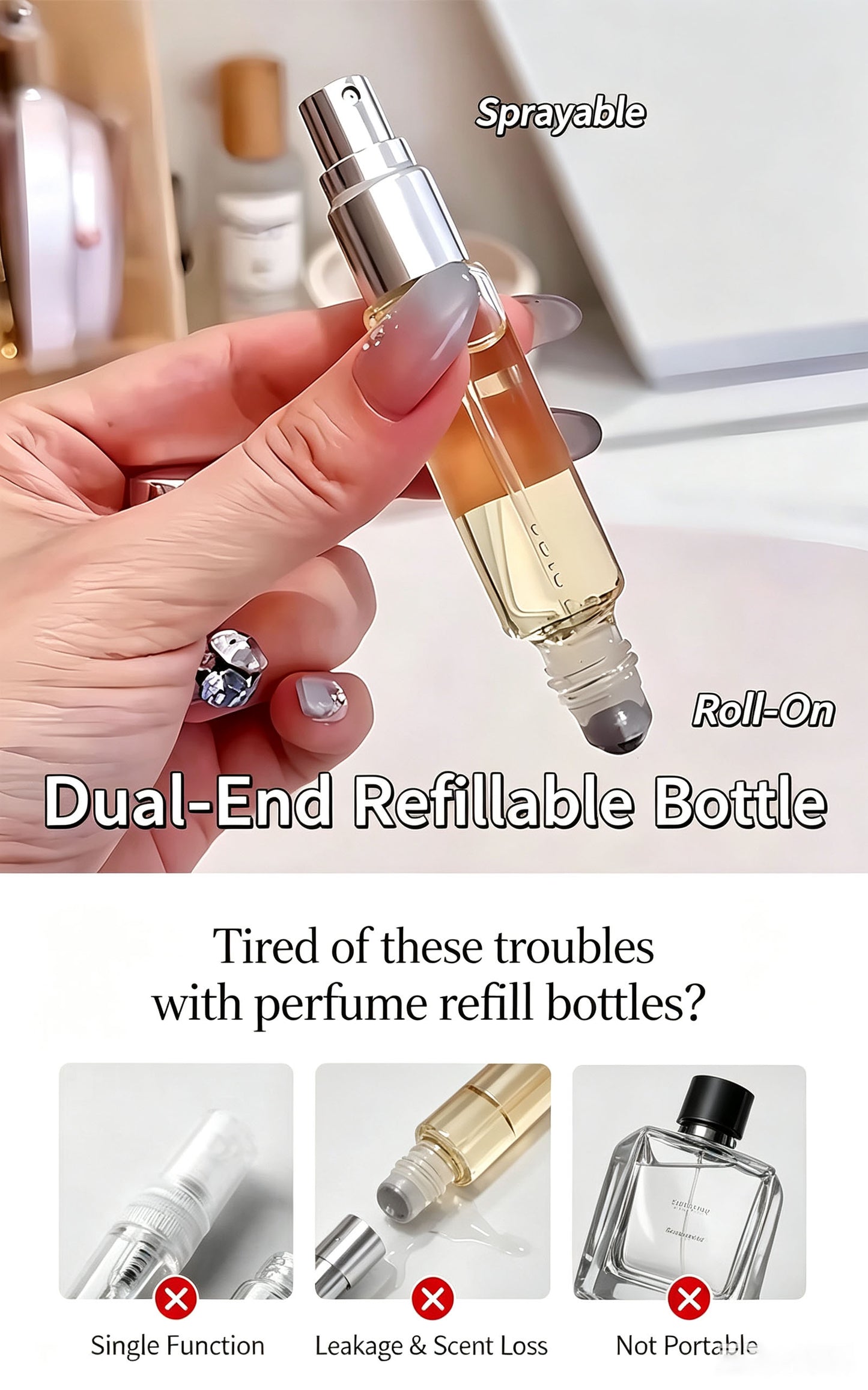 2-in-1 Glass Perfume Atomizer Bottle with Roller Ball, Portable Refillable Spray Bottle for Perfume, Essential Oils & Floral Water
