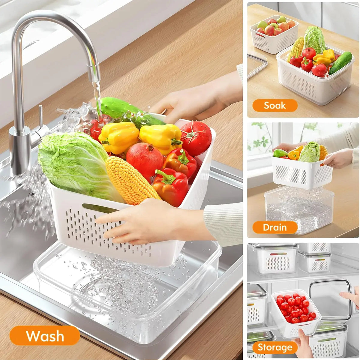 3/5 Pack Stackable Fridge Organizers with Removable Colander used inside refrigerator