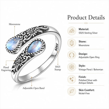 🏆25K+ SOLD 🔥2026 HOT SALE  Moonstone Bloom Ring | Vintage Floral • Adjustable Open Band