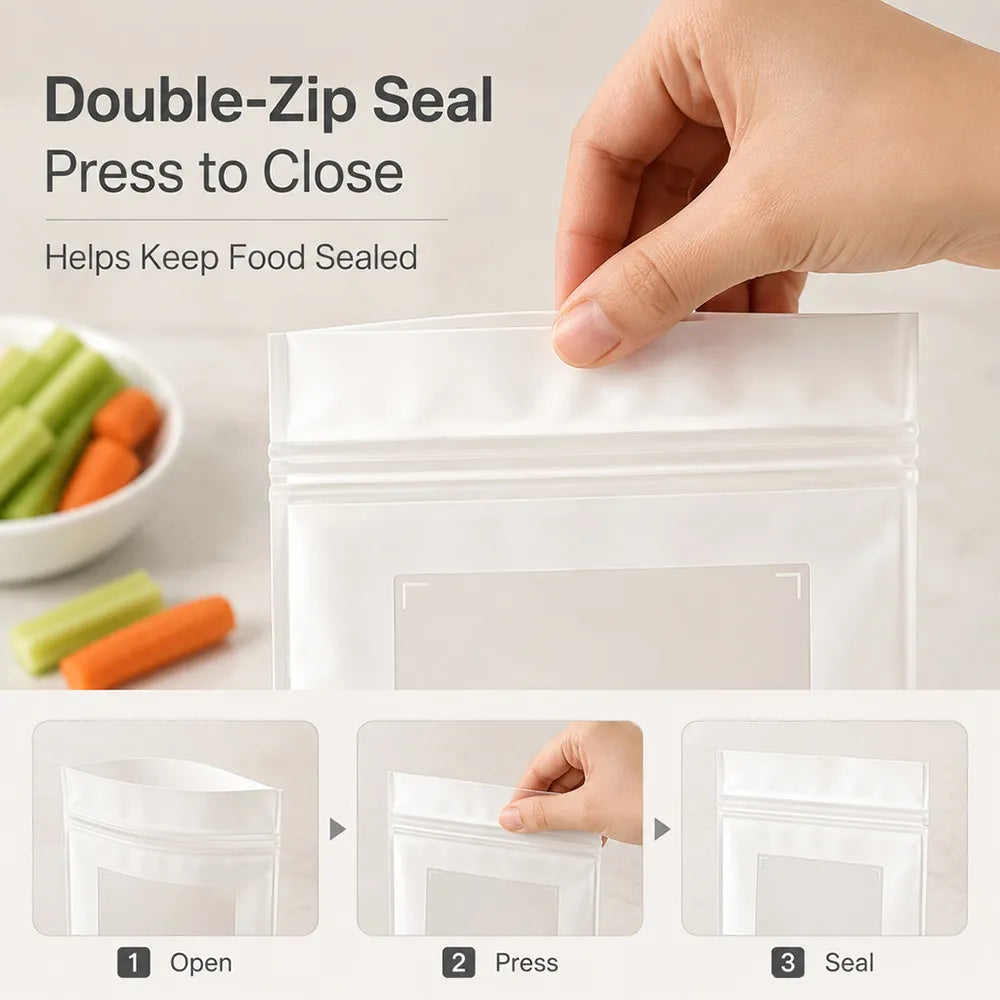 🥬 50/100PCS Reusable Long Food Storage Bags. Double-Zip Seal Freshness Bags for Kitchen transparent reusable bag detail