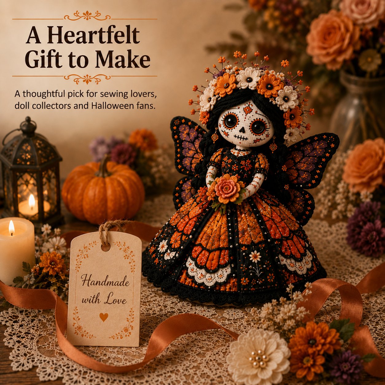 🎃Day of the Dead Patchwork Doll DIY Sewing Kit - Handmade Fabric Doll Craft Kit with Floral Details