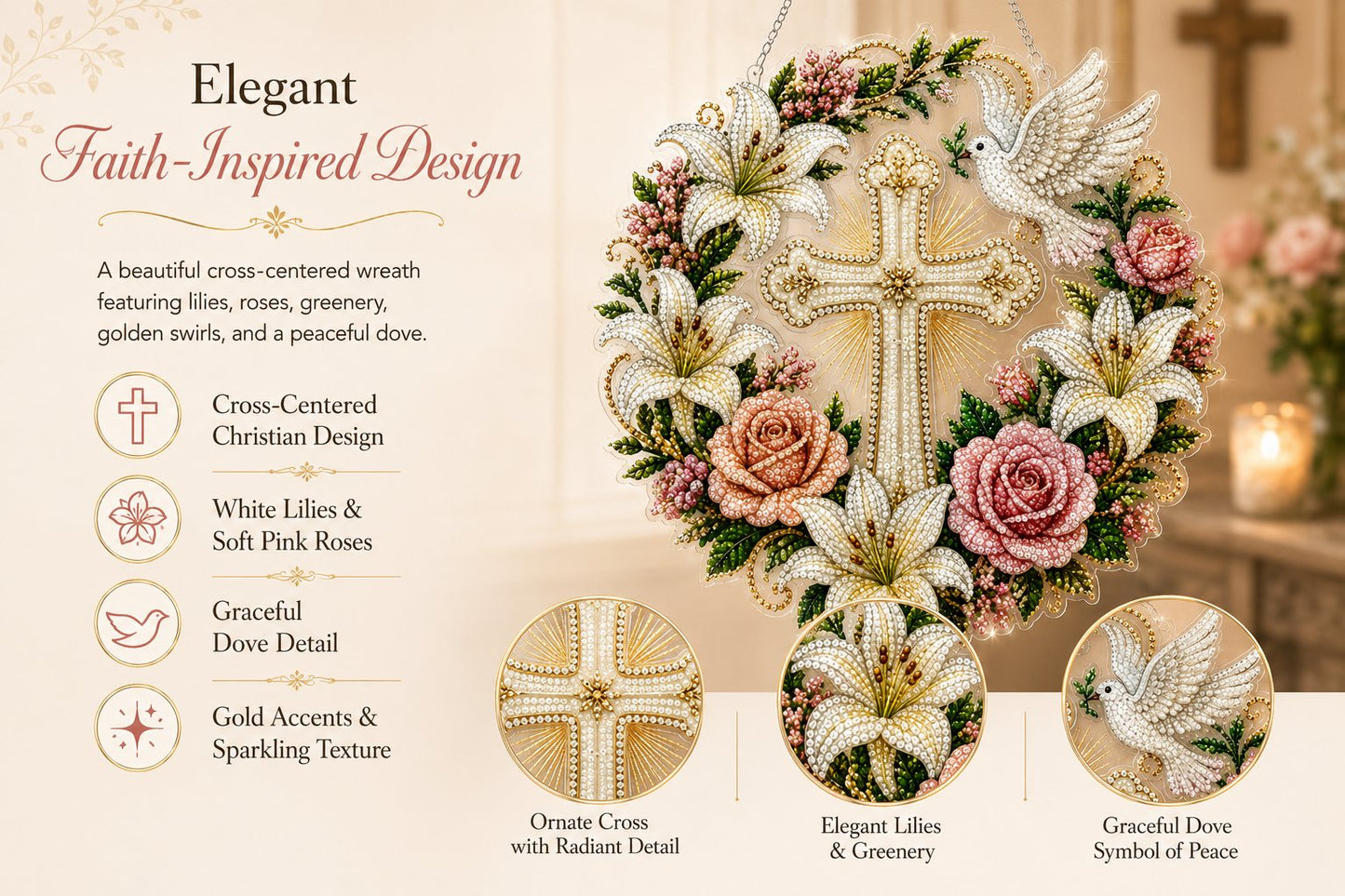 ✝️💐Cross. Flowers & Peace Dove Diamond Art Hanging Ornament Kit