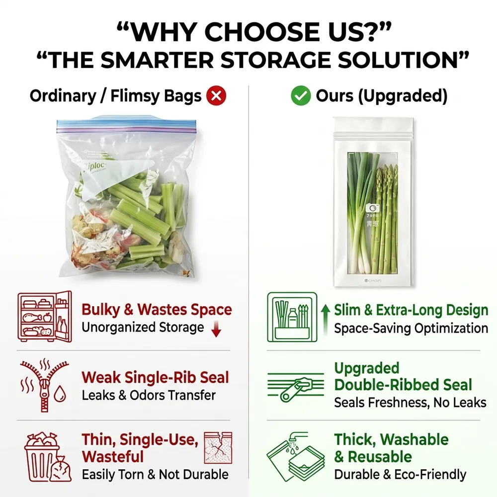 🥬 50/100PCS Reusable Long Food Storage Bags. Double-Zip Seal Freshness Bags for Kitchen in refrigerator drawer