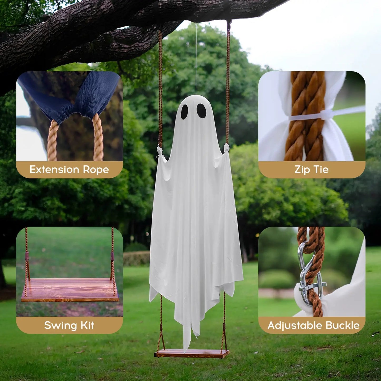 Halloween Hanging Ghost Swing with Remote Control String Lights