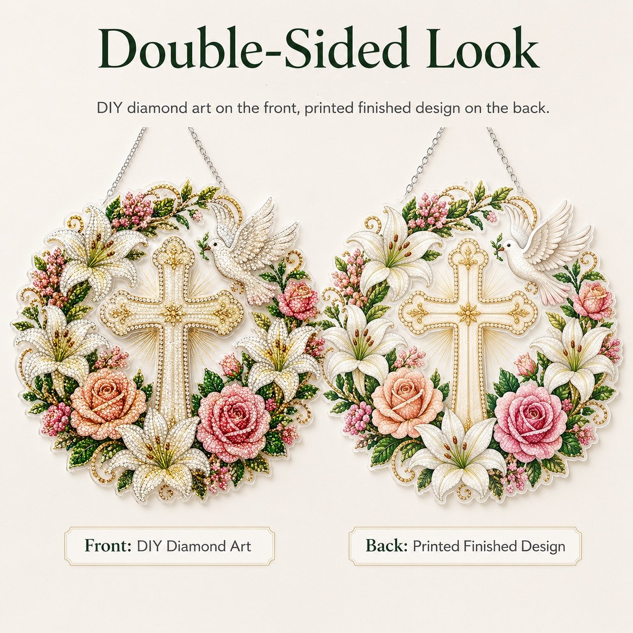 ✝️💐Cross. Flowers & Peace Dove Diamond Art Hanging Ornament Kit