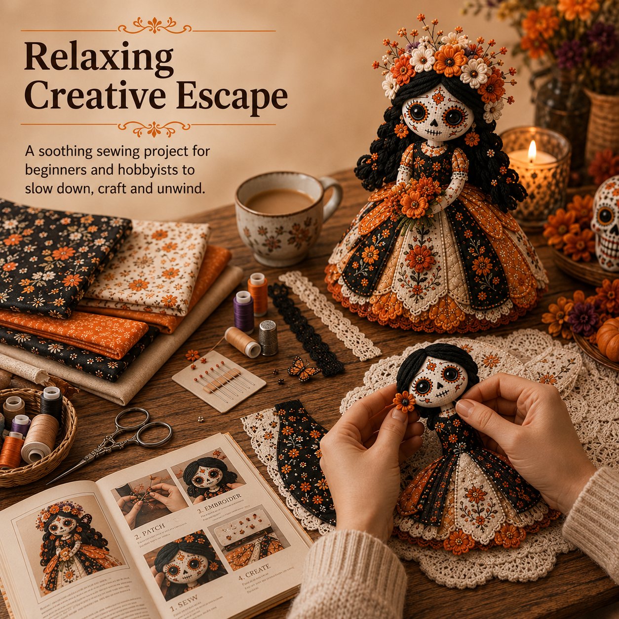 🎃Day of the Dead Patchwork Doll DIY Sewing Kit - Handmade Fabric Doll Craft Kit with Floral Details