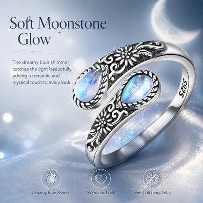🏆25K+ SOLD 🔥2026 HOT SALE  Moonstone Bloom Ring | Vintage Floral • Adjustable Open Band
