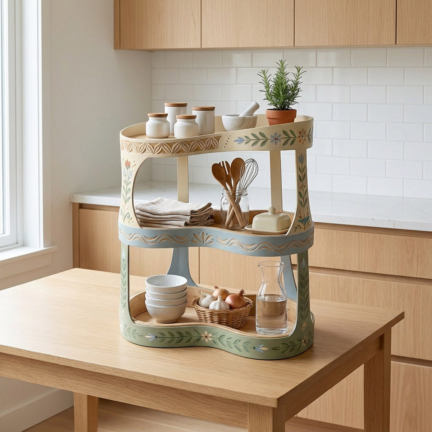 Hand-Painted Floral 3-Tier Wooden Shelf