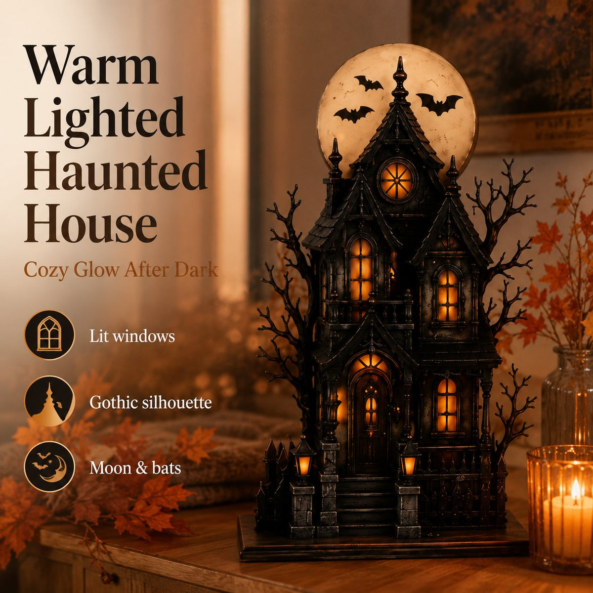 🔥Last Day 49% OFF - 🧙🖤Lighted Halloween Haunted House & Character Figurine Collection display detail