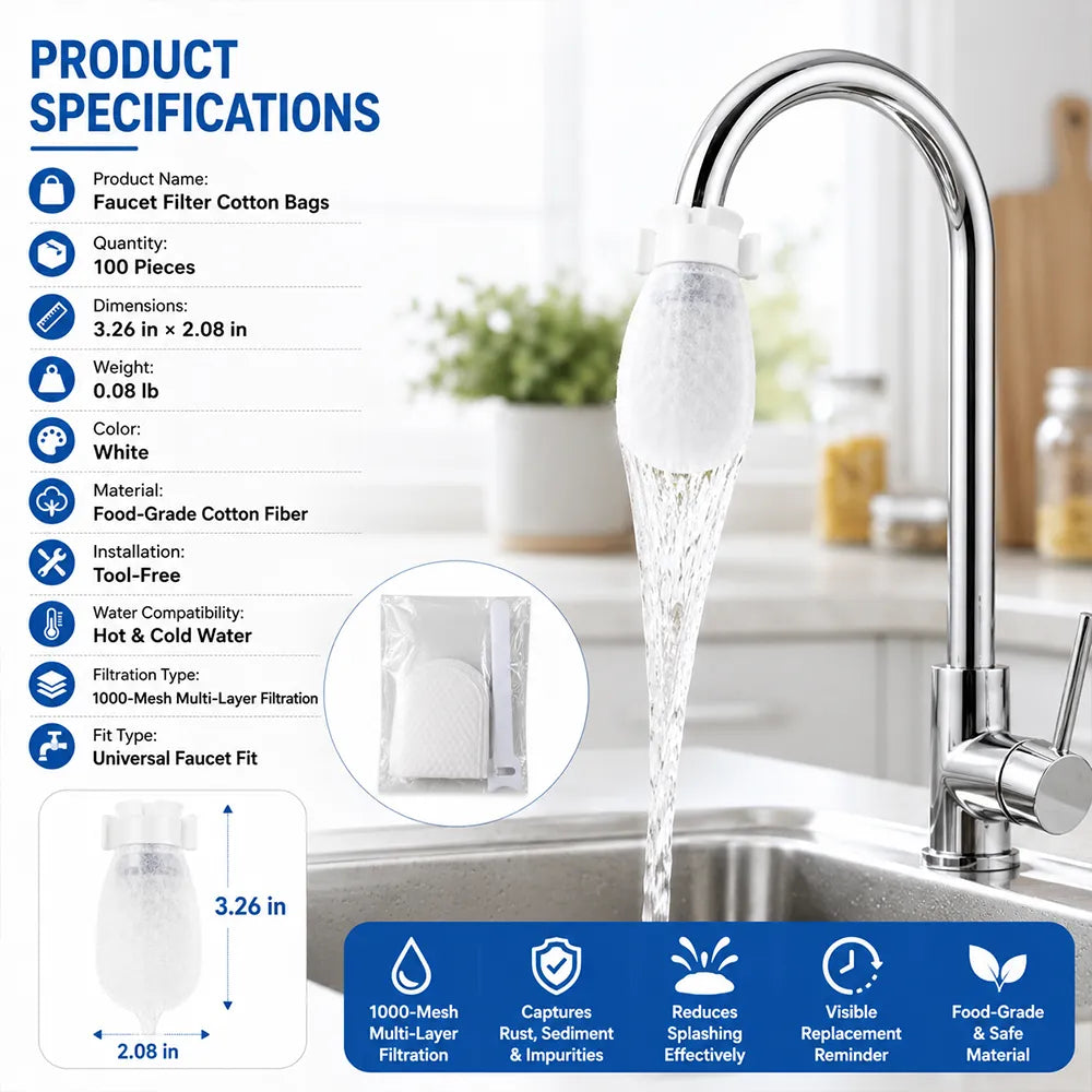 Faucet Filter Cotton Bags - Universal. 100 PCS Splash-Proof Faucet Filter 🌟Set