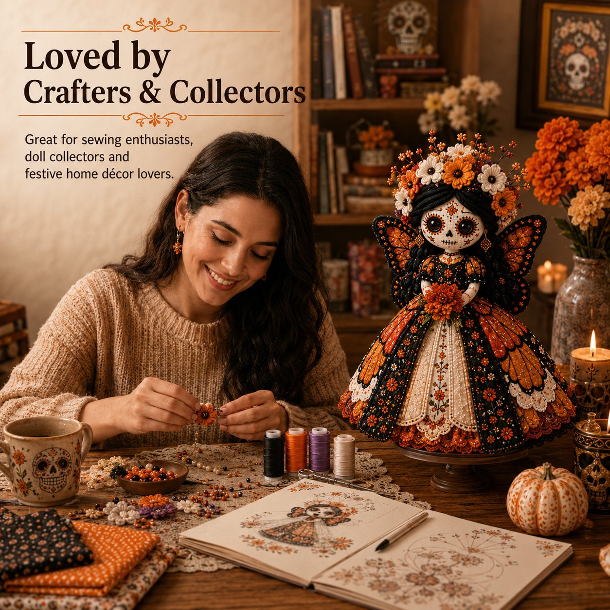 🎃Day of the Dead Patchwork Doll DIY Sewing Kit - Handmade Fabric Doll Craft Kit with Floral Details