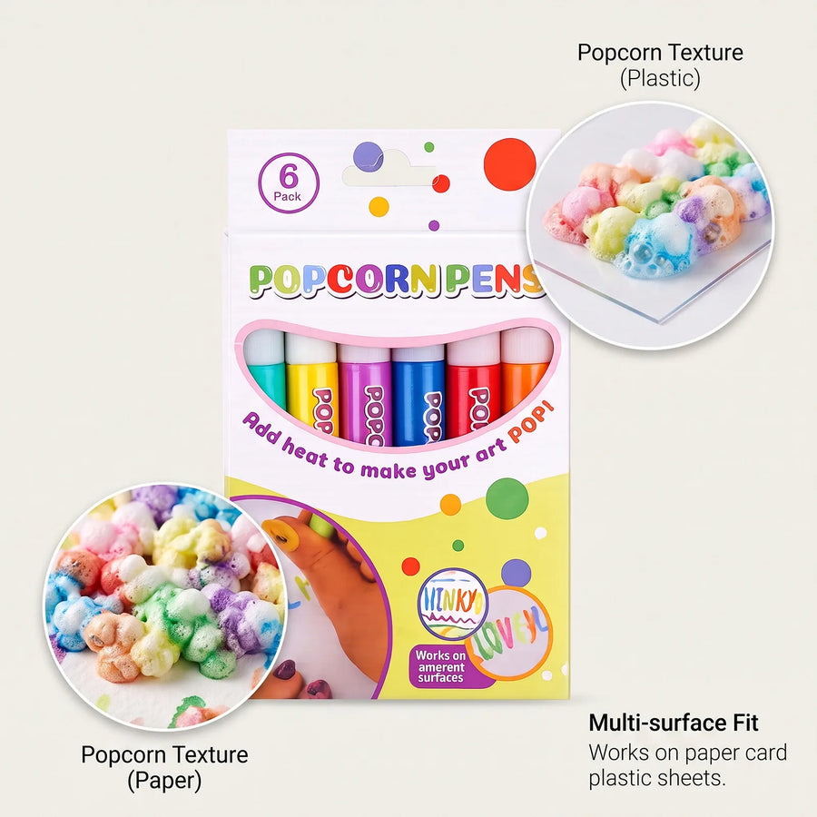 🍿6 Pack Heat Activated Popcorn Pens 3D Puffy Bubble Drawing Pens Kids DIY Art Craft Supplies package