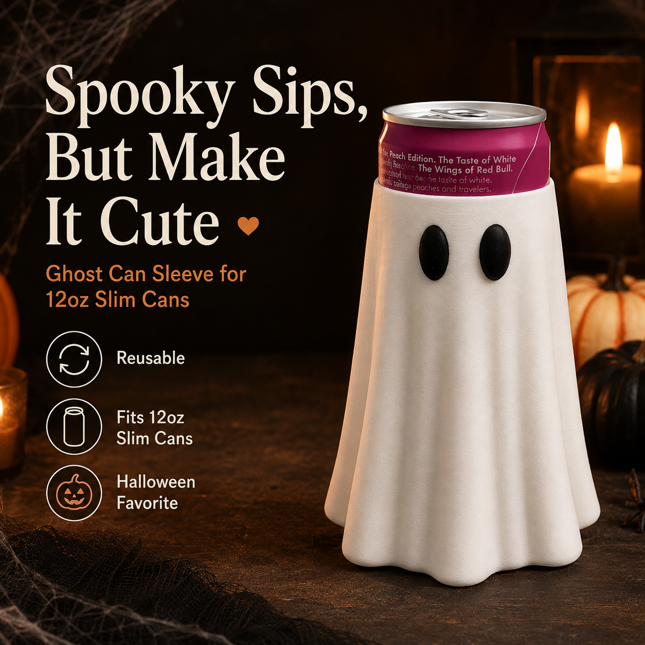 Halloween Ghost Can Sleeve for 12oz Slim Cans – Cute Spooky Drink Holder, Reusable Halloween Beverage Cover for Parties, Fall Decor & Gifts