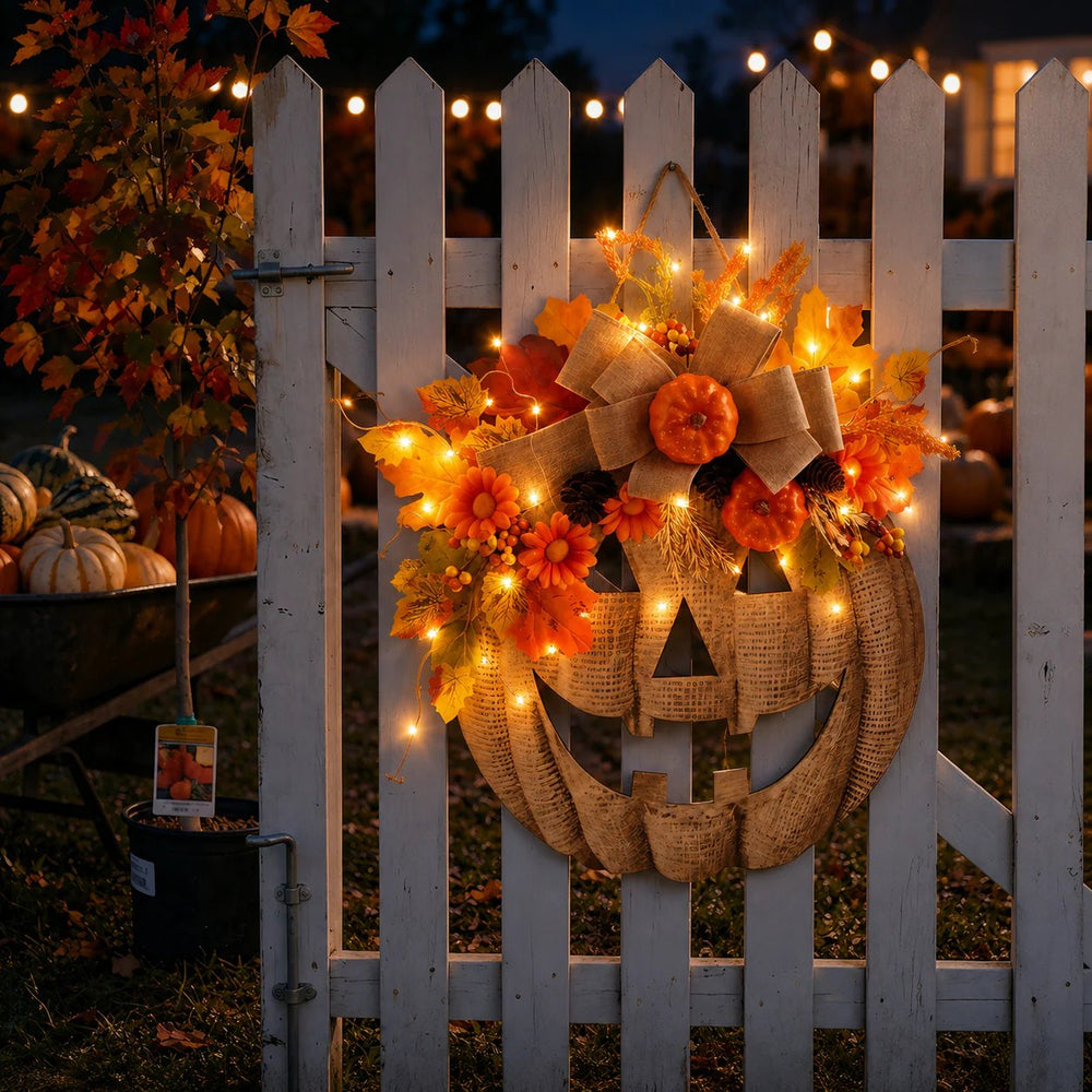 🎃✨ Lighted Burlap Pumpkin Wreath product details