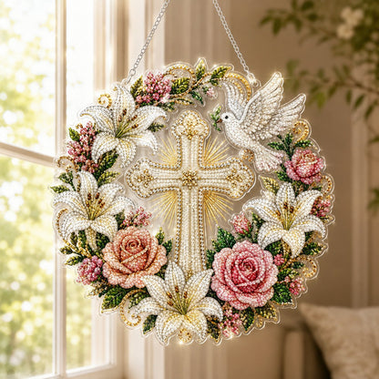 ✝️💐Cross. Flowers & Peace Dove Diamond Art Hanging Ornament Kit