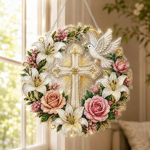 ✝️💐Cross. Flowers & Peace Dove Diamond Art Hanging Ornament Kit