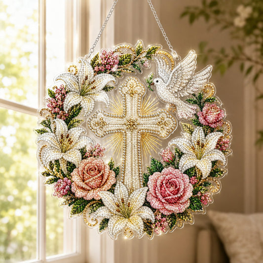 ✝️💐Cross. Flowers & Peace Dove Diamond Art Hanging Ornament Kit