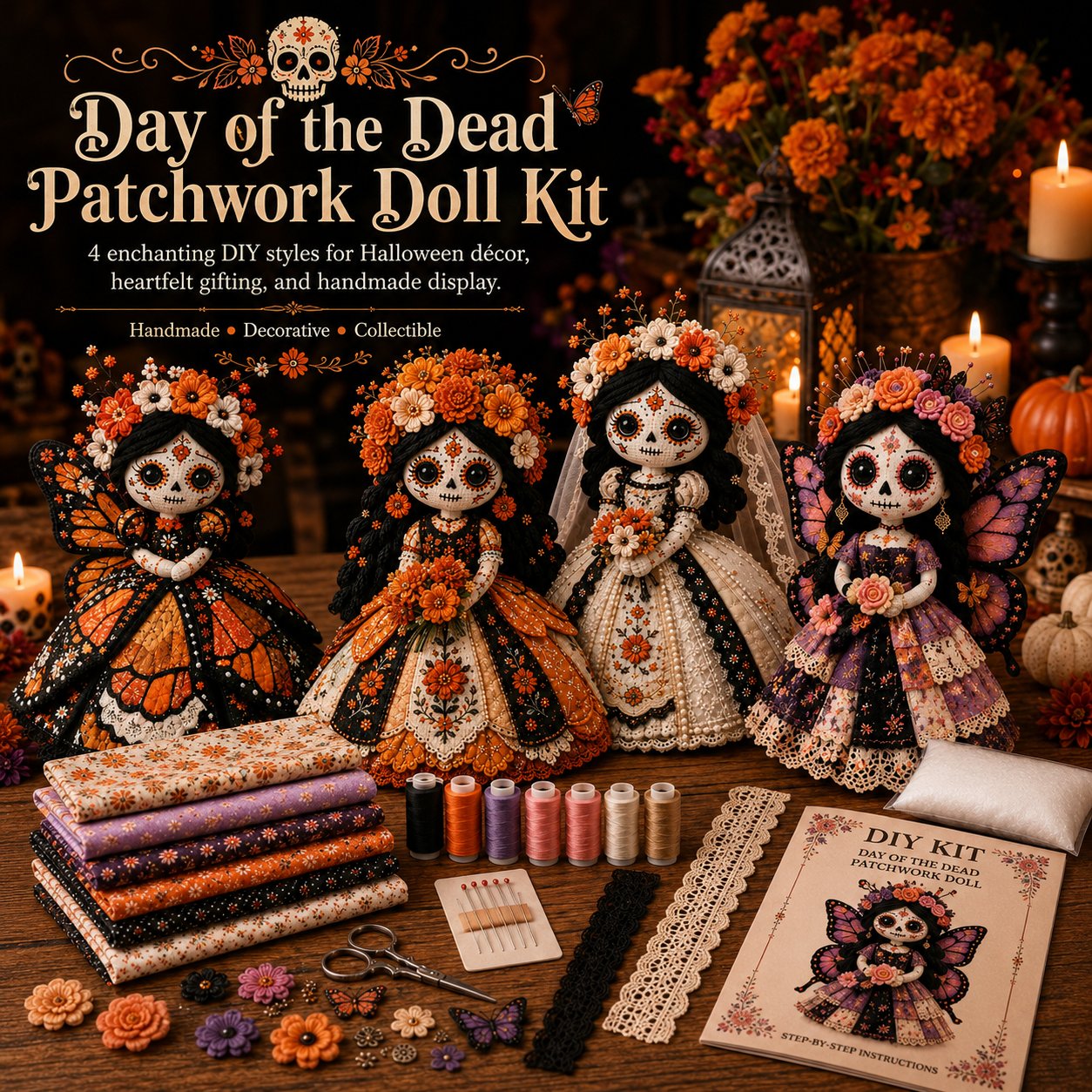 🎃Day of the Dead Patchwork Doll DIY Sewing Kit - Handmade Fabric Doll Craft Kit with Floral Details