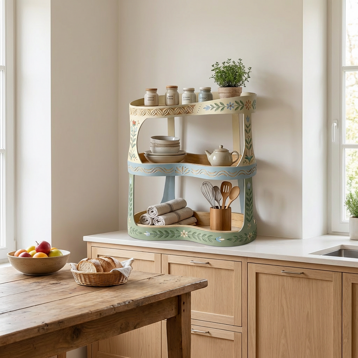 Hand-Painted Floral 3-Tier Wooden Shelf