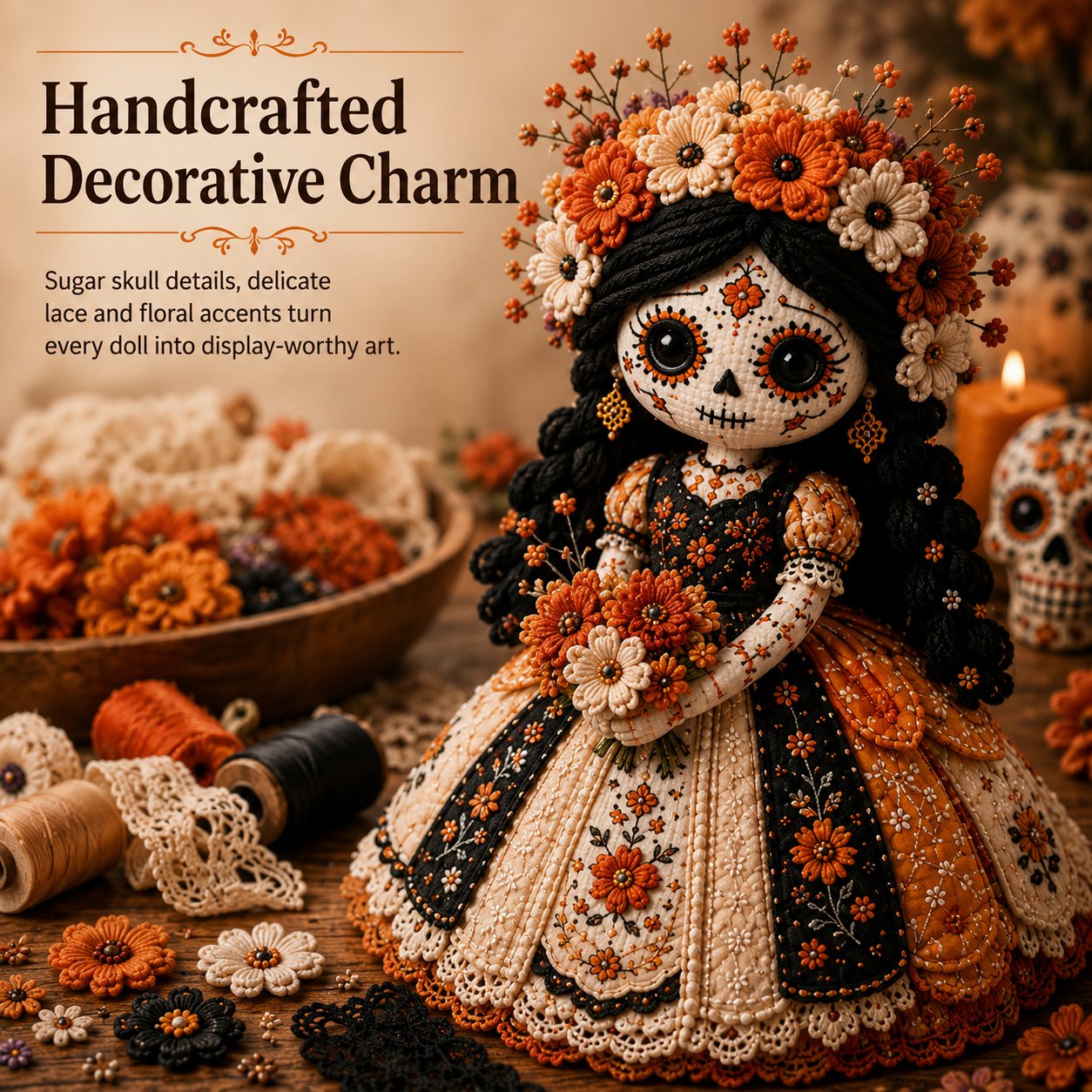 🎃Day of the Dead Patchwork Doll DIY Sewing Kit - Handmade Fabric Doll Craft Kit with Floral Details