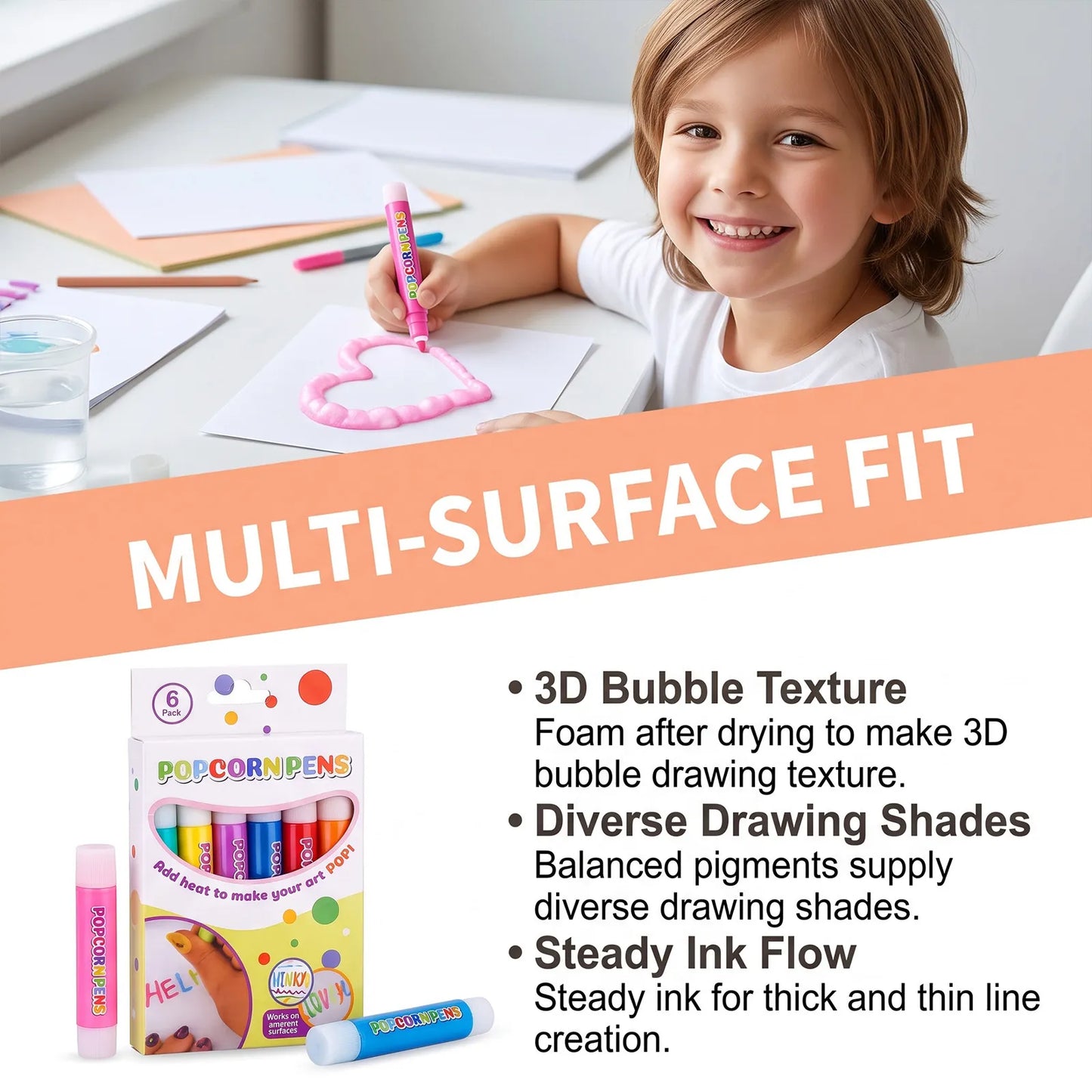 🍿6 Pack Heat Activated Popcorn Pens 3D Puffy Bubble Drawing Pens Kids DIY Art Craft Supplies