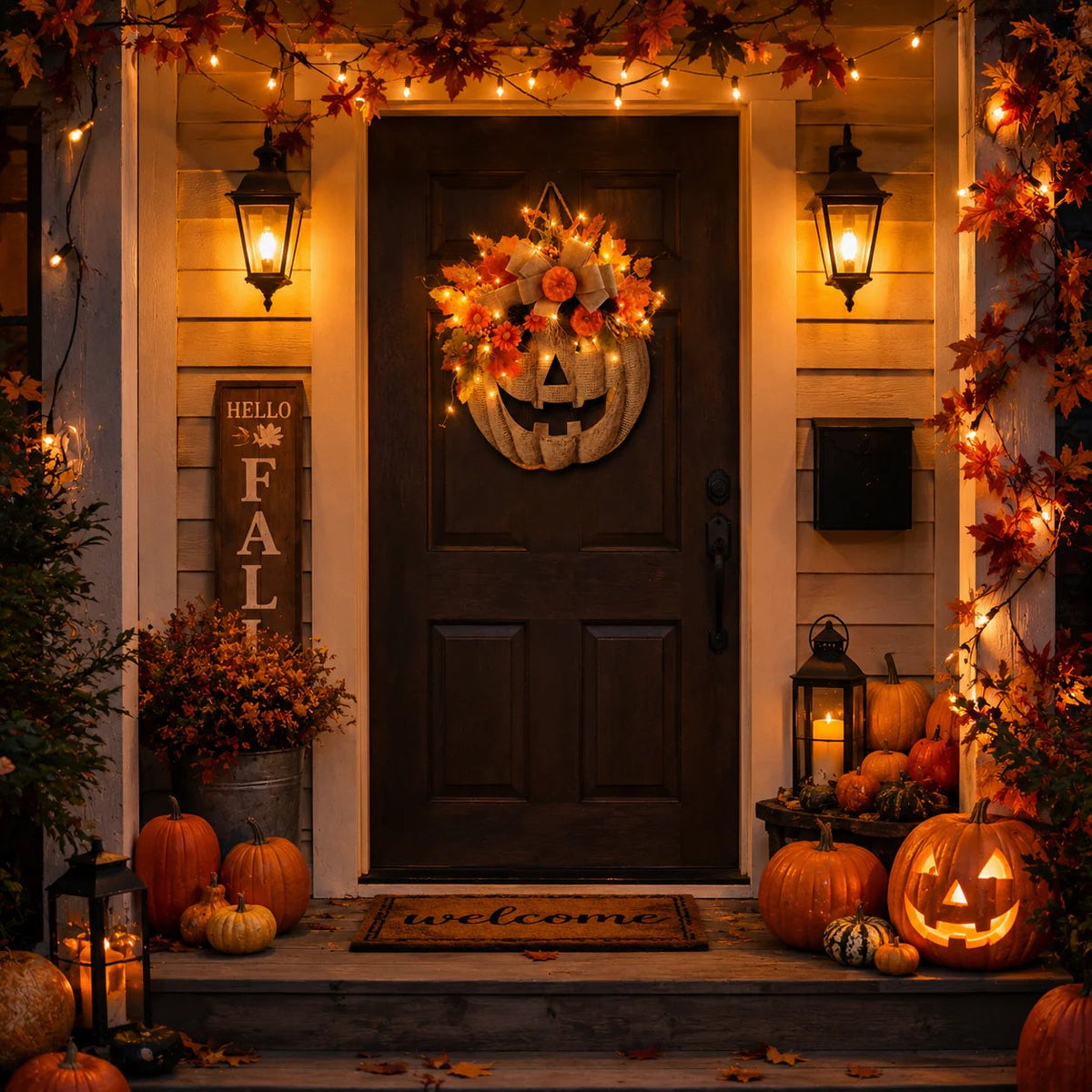 🎃✨ Lighted Burlap Pumpkin Wreath front door fall wreath display