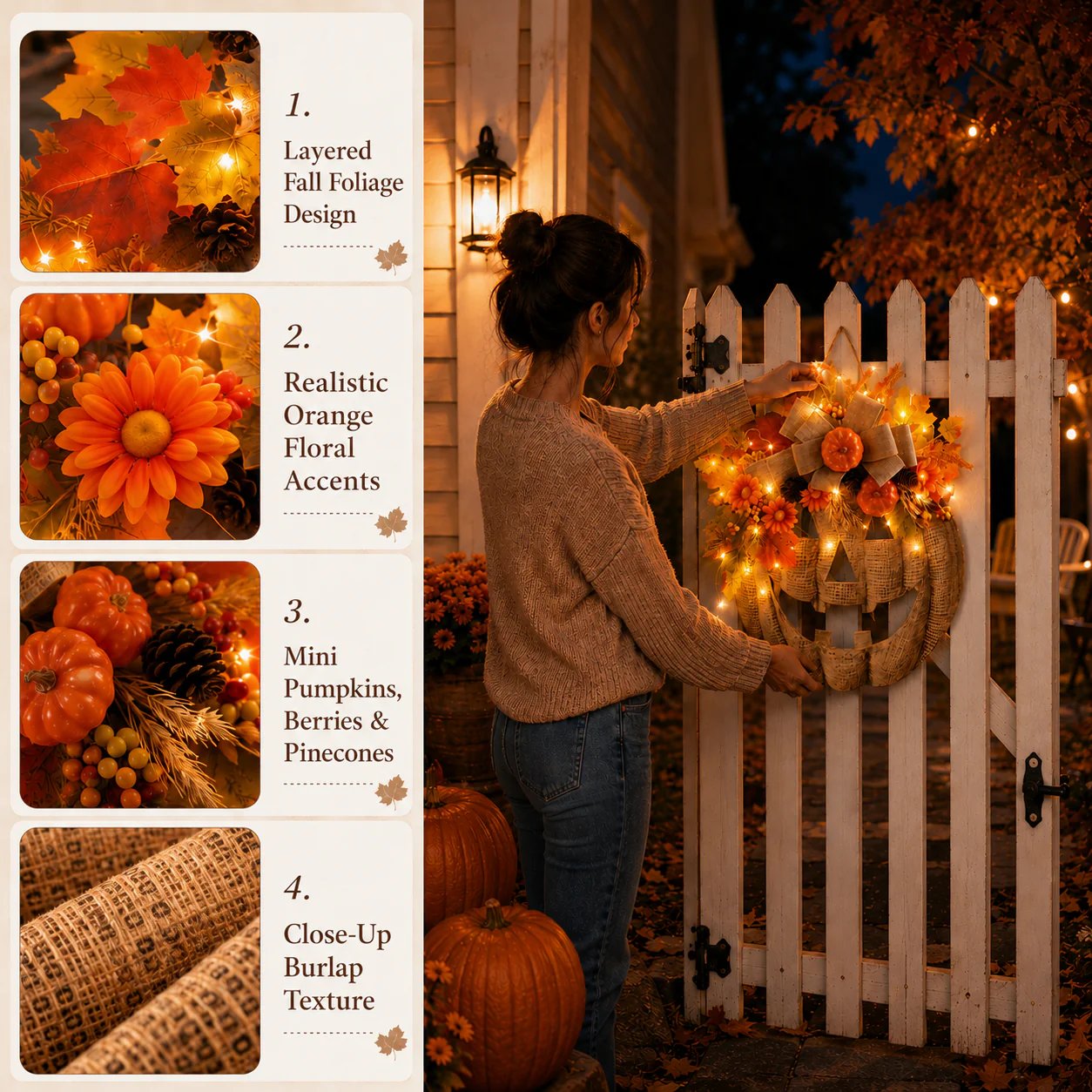🎃✨ Lighted Burlap Pumpkin Wreath lighted wreath detail