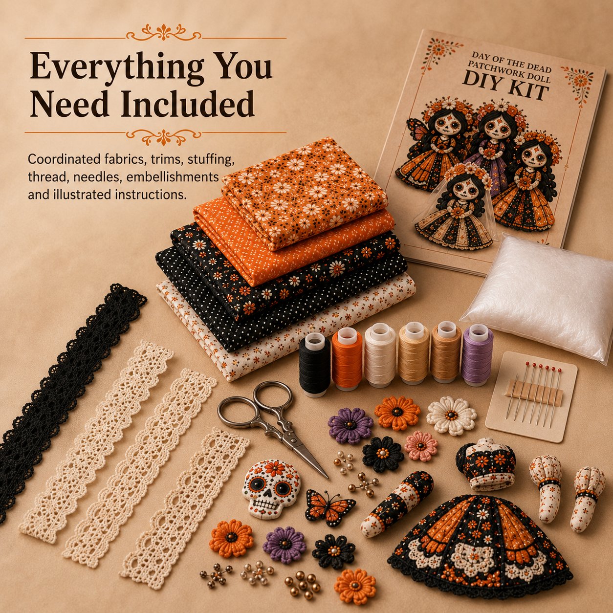 🎃Day of the Dead Patchwork Doll DIY Sewing Kit - Handmade Fabric Doll Craft Kit with Floral Details