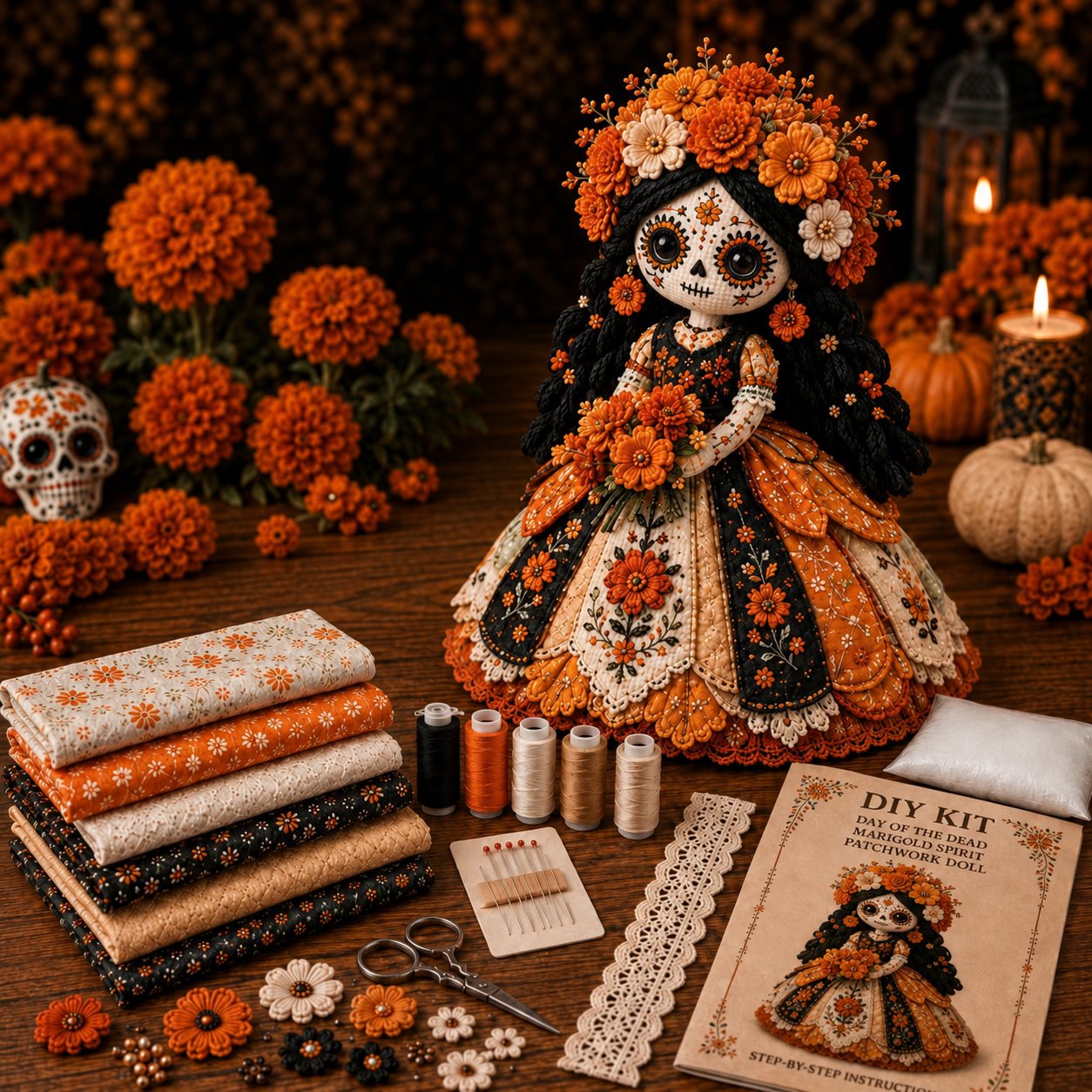 🎃Day of the Dead Patchwork Doll DIY Sewing Kit - Handmade Fabric Doll Craft Kit with Floral Details
