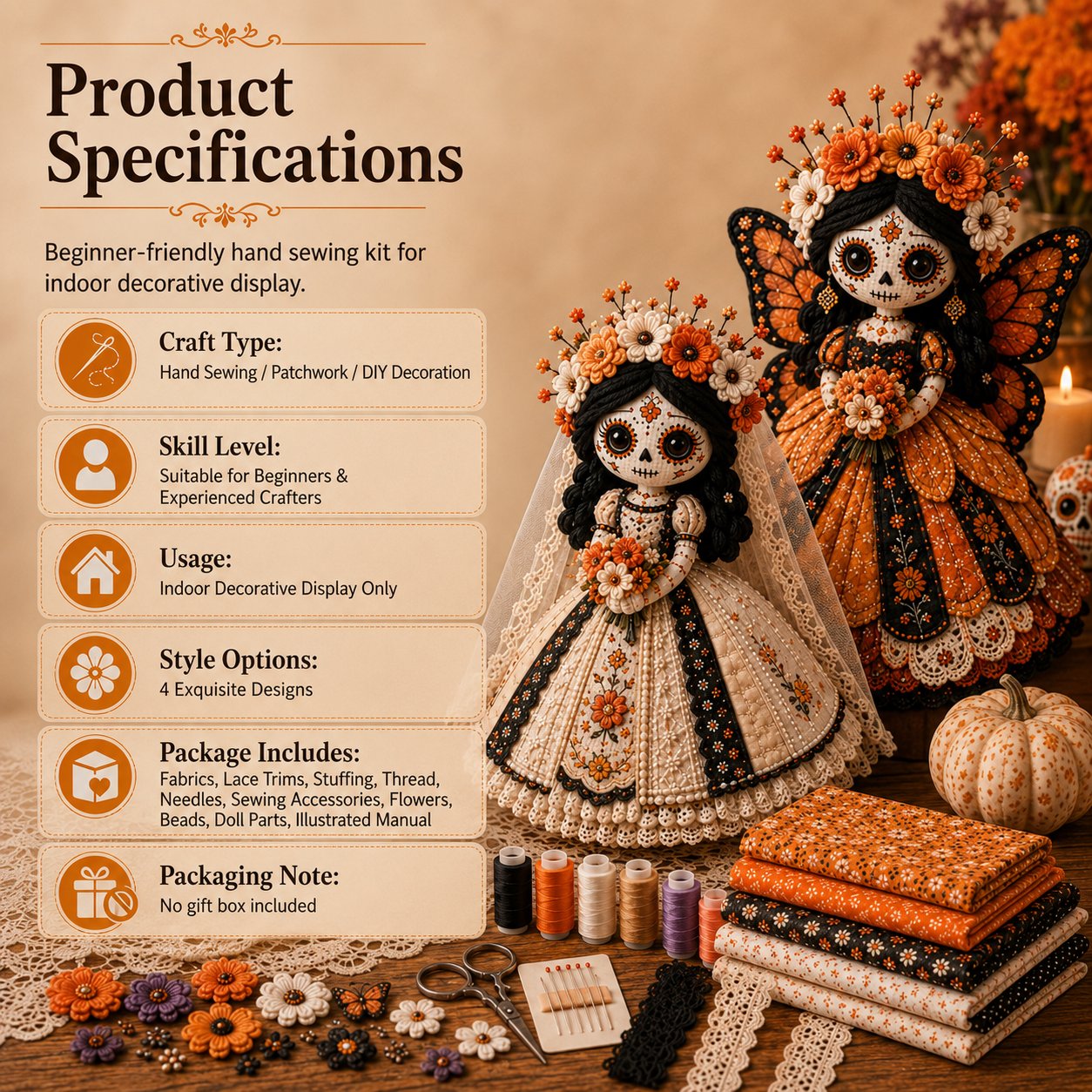 🎃Day of the Dead Patchwork Doll DIY Sewing Kit - Handmade Fabric Doll Craft Kit with Floral Details