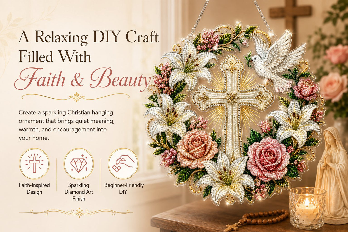✝️💐Cross. Flowers & Peace Dove Diamond Art Hanging Ornament Kit